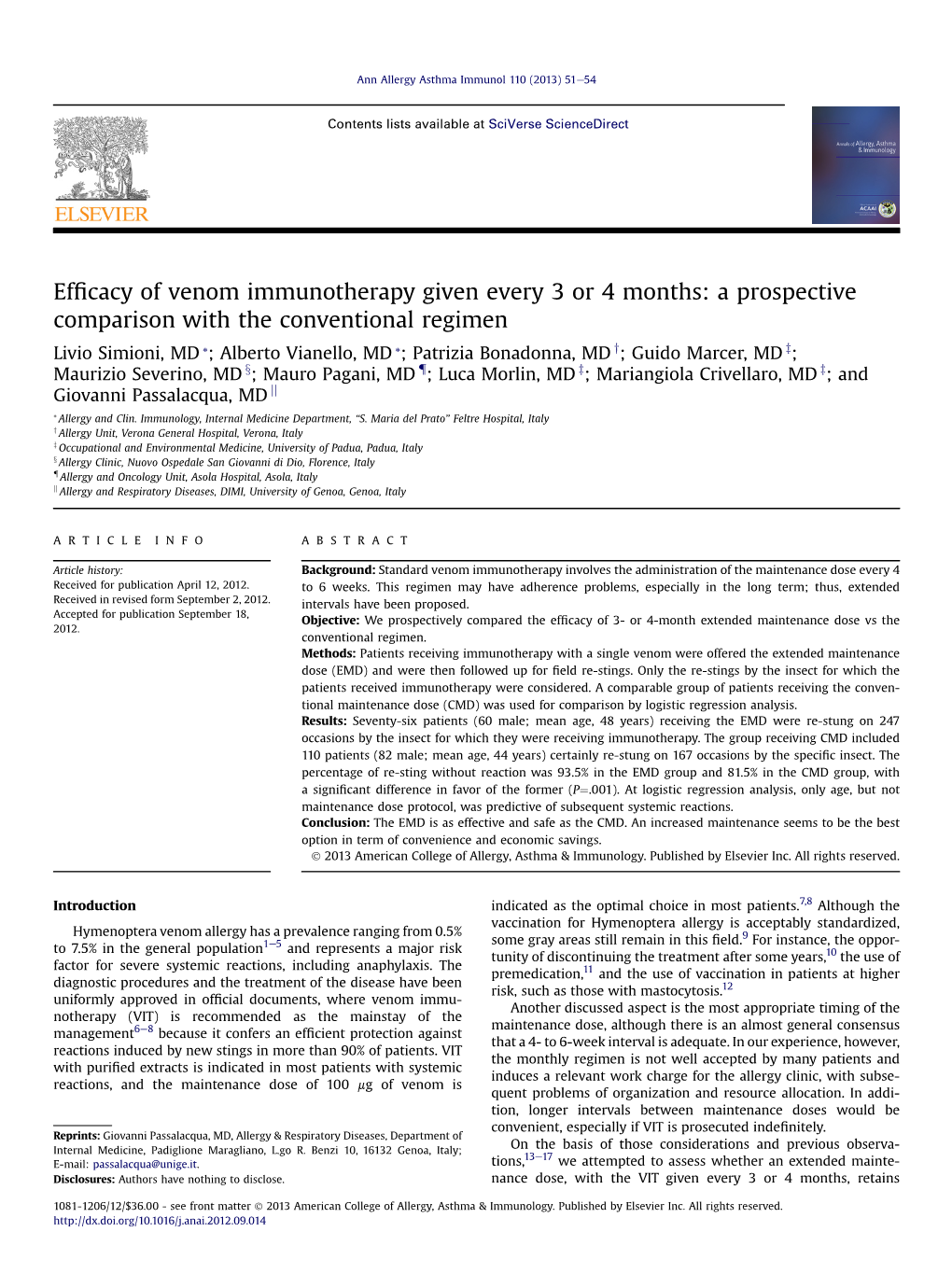 Efficacy of Venom Immunotherapy Given Every 3 Or 4 Months: A