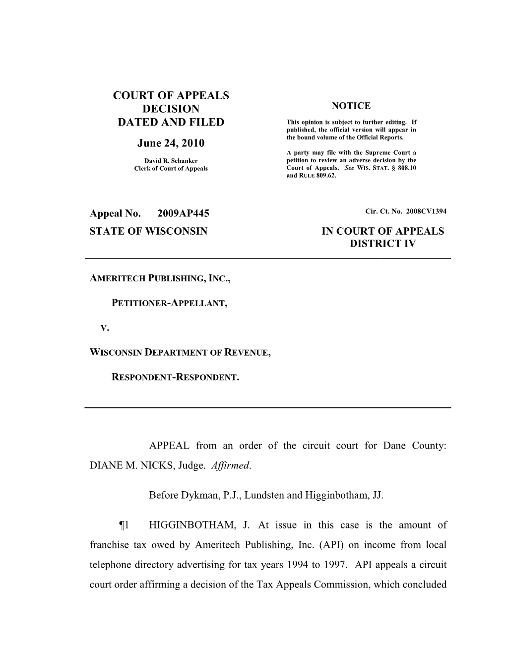 COURT of APPEALS DECISION DATED and FILED June 24, 2010