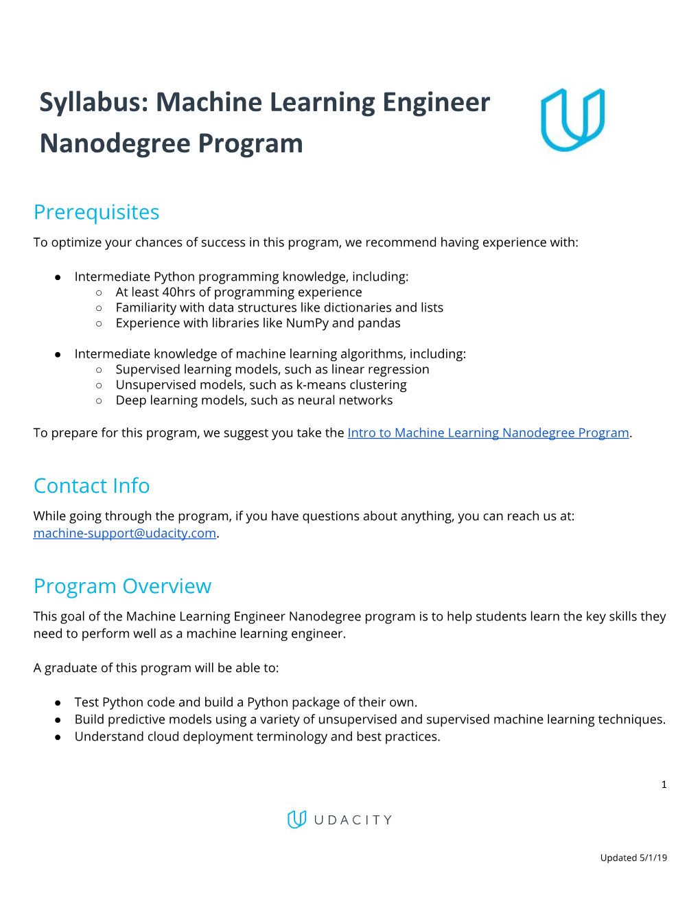 Syllabus: Machine Learning Engineer Nanodegree Program