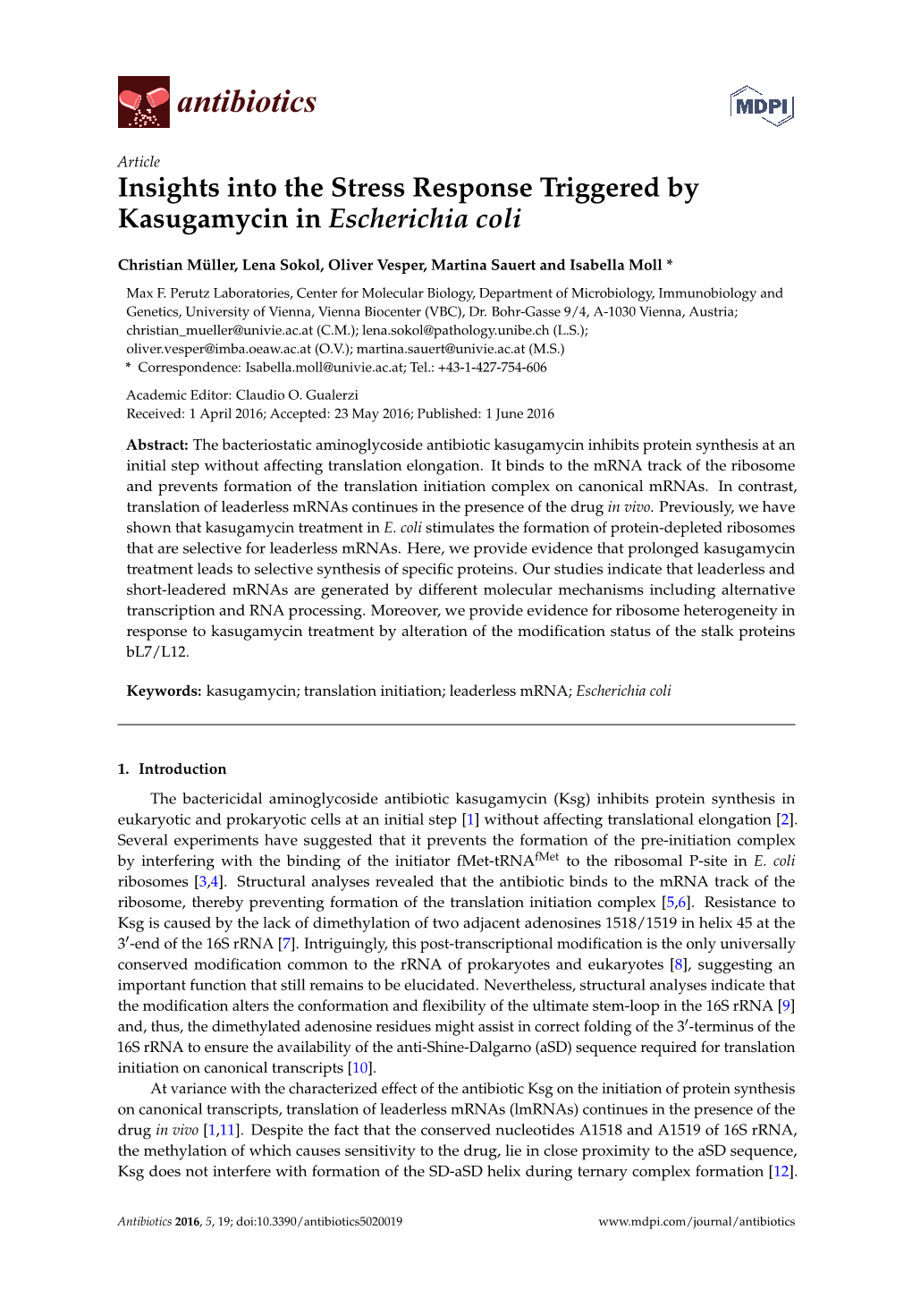 Insights Into the Stress Response Triggered by Kasugamycin in Escherichia Coli