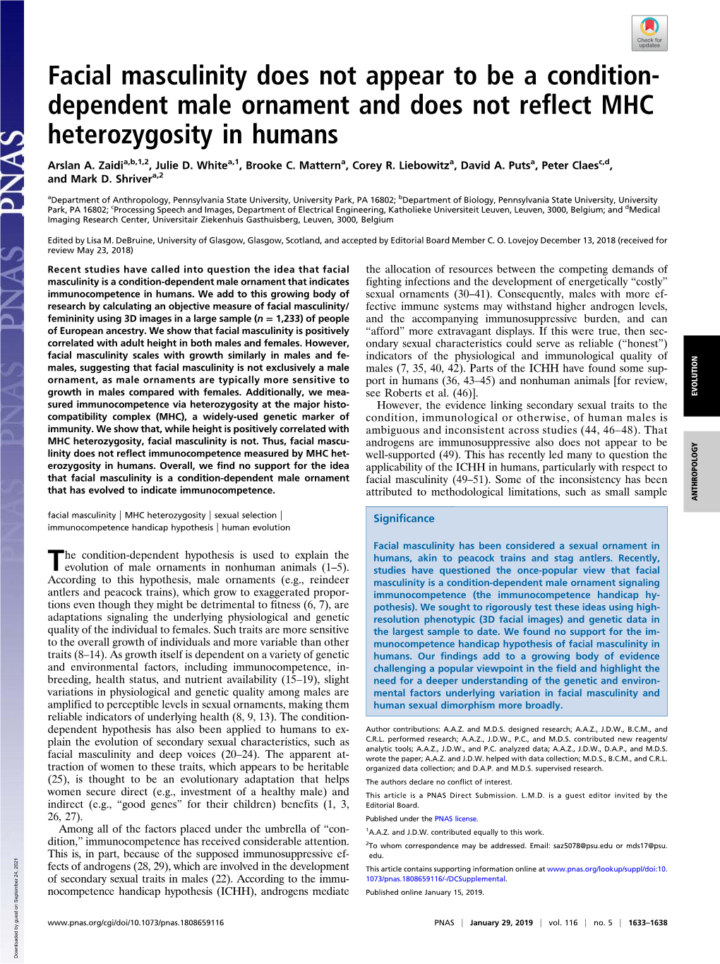 Dependent Male Ornament and Does Not Reflect MHC Heterozygosity in Humans