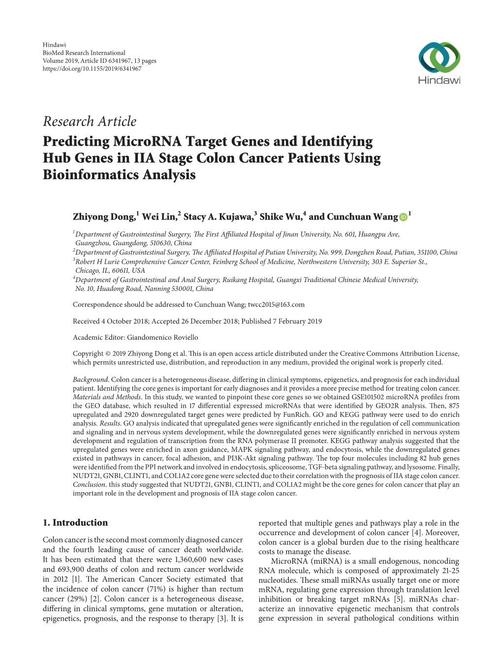 Predicting Microrna Target Genes and Identifying Hub Genes in IIA Stage Colon Cancer Patients Using Bioinformatics Analysis
