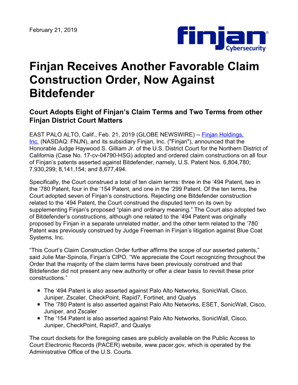 Finjan Receives Another Favorable Claim Construction Order, Now Against Bitdefender