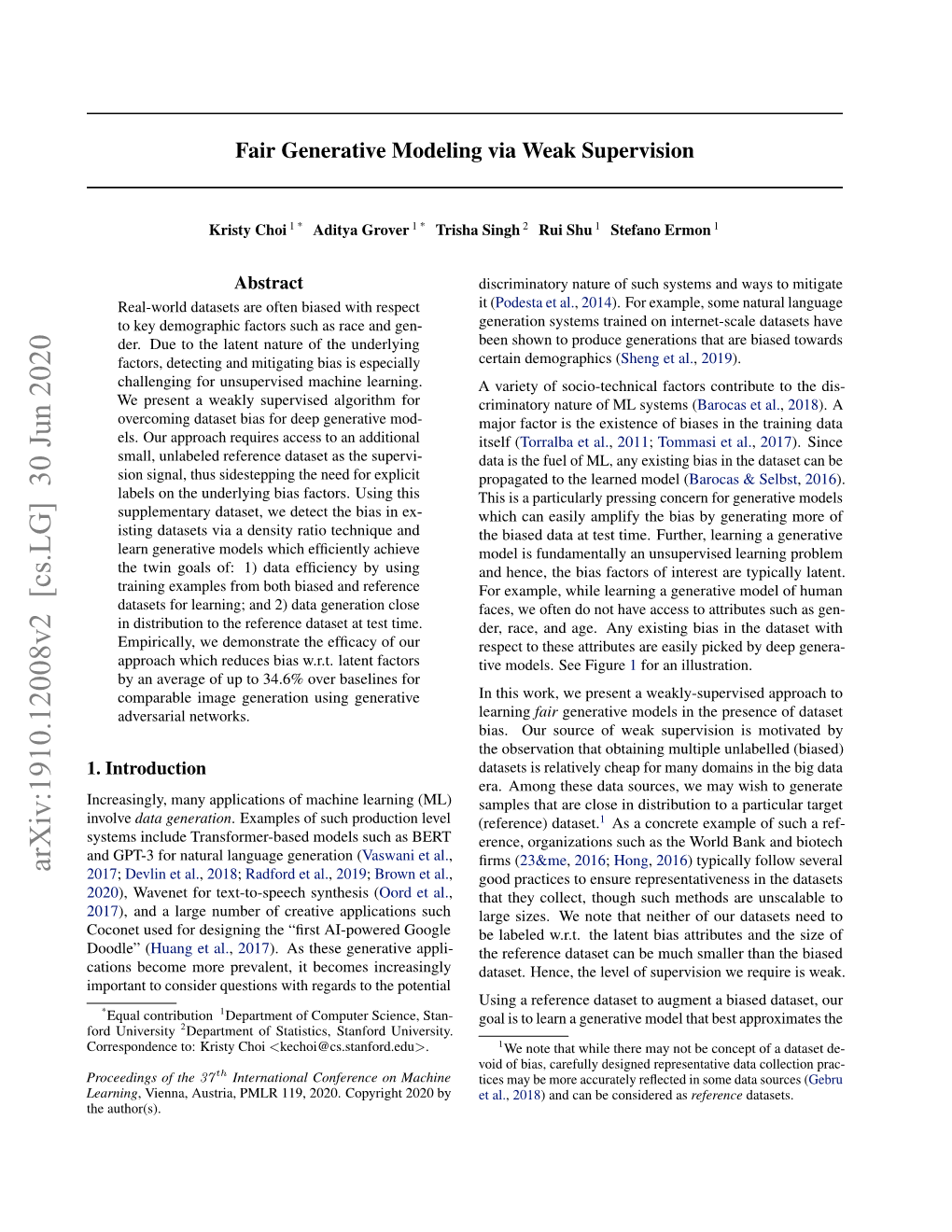 Fair Generative Modeling Via Weak Supervision