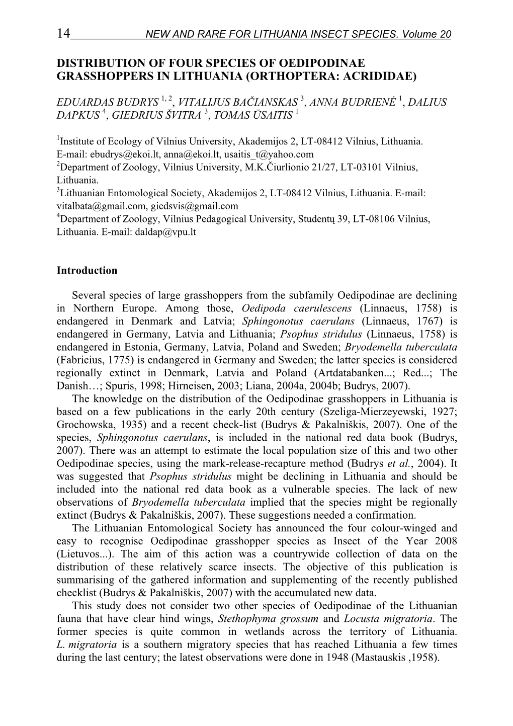 Distribution of Four Species of Oedipodinae Grasshoppers in Lithuania (Orthoptera: Acrididae)