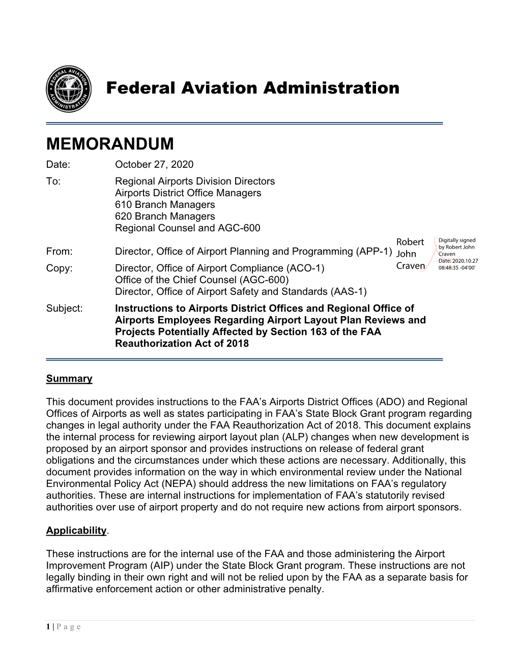Federal Aviation Administration MEMORANDUM