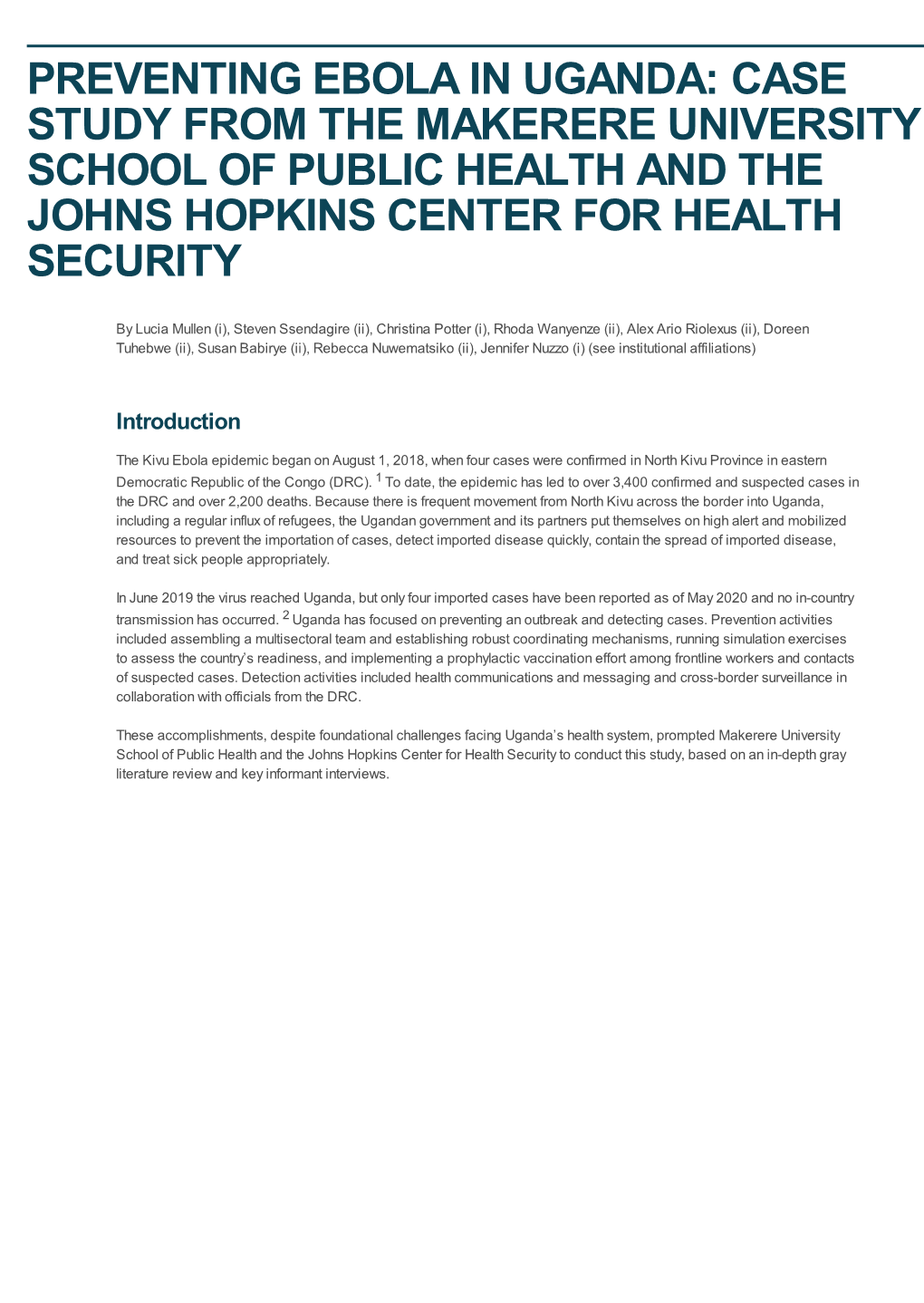 Preventing Ebola in Uganda: Case Study from the Makerere University School of Public Health and the Johns Hopkins Center for Health Security