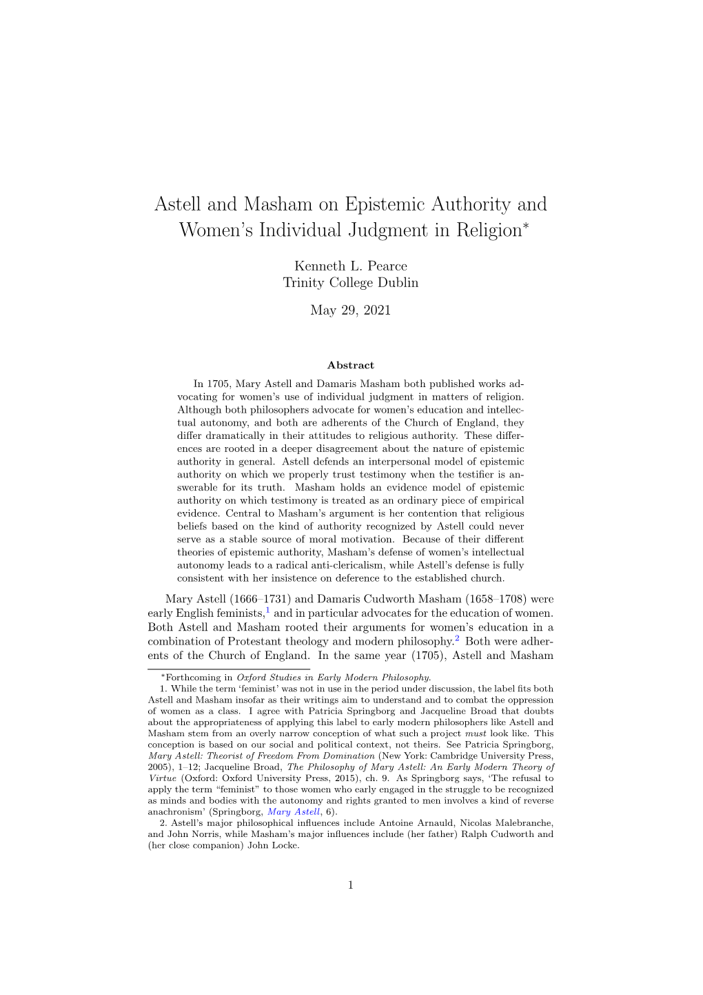 Astell and Masham on Epistemic Authority and Women's Individual