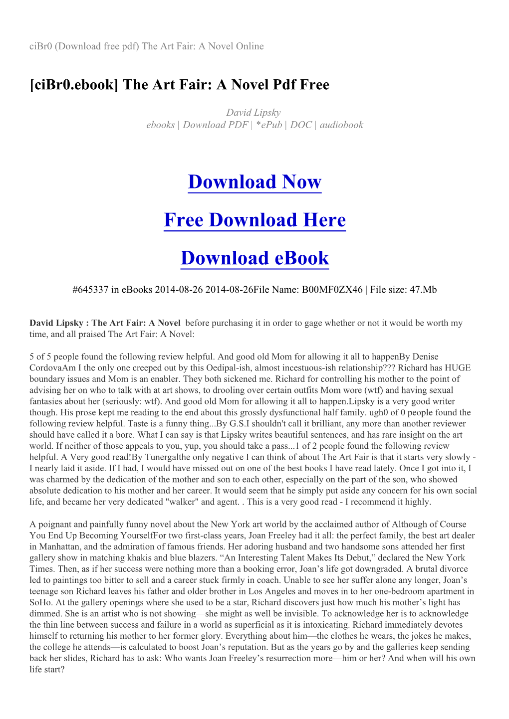 Cibr0 (Download Free Pdf) the Art Fair: a Novel Online