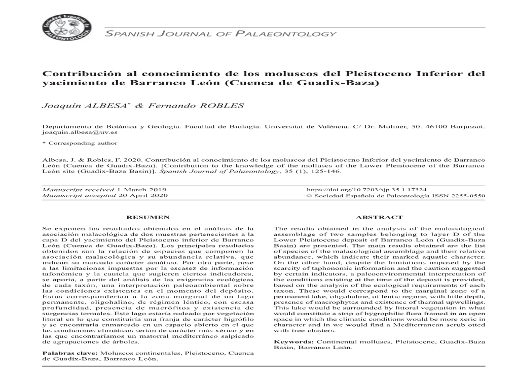 Contribución Al Conocimiento De Los Moluscos Del Pleistoceno Inferior Del Yacimiento De Barranco León (Cuenca De Guadix-Baza)