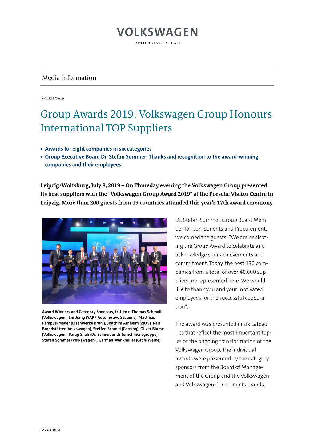 Group Awards 2019: Volkswagen Group Honours International TOP Suppliers