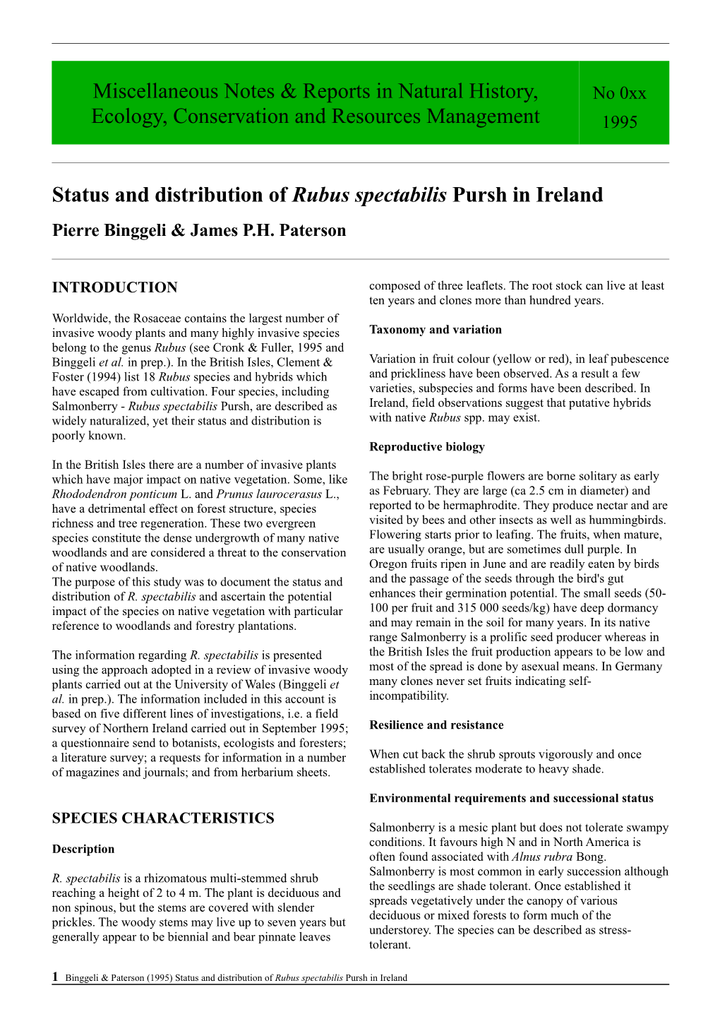 Status and Distribution of Rubus Spectabilis Pursh in Ireland Pierre Binggeli & James P.H