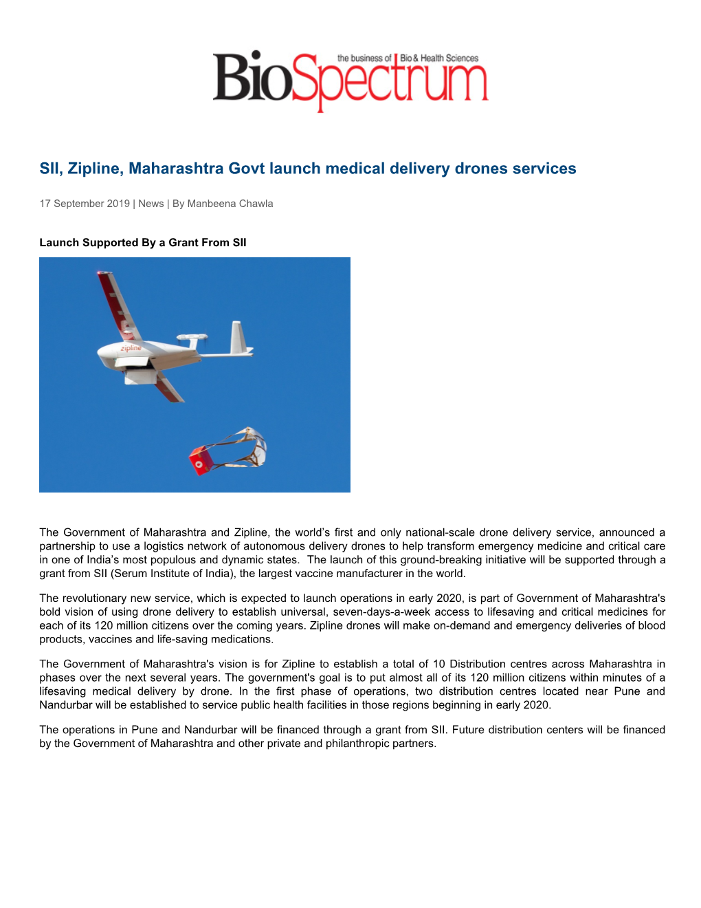 SII, Zipline, Maharashtra Govt Launch Medical Delivery Drones Services