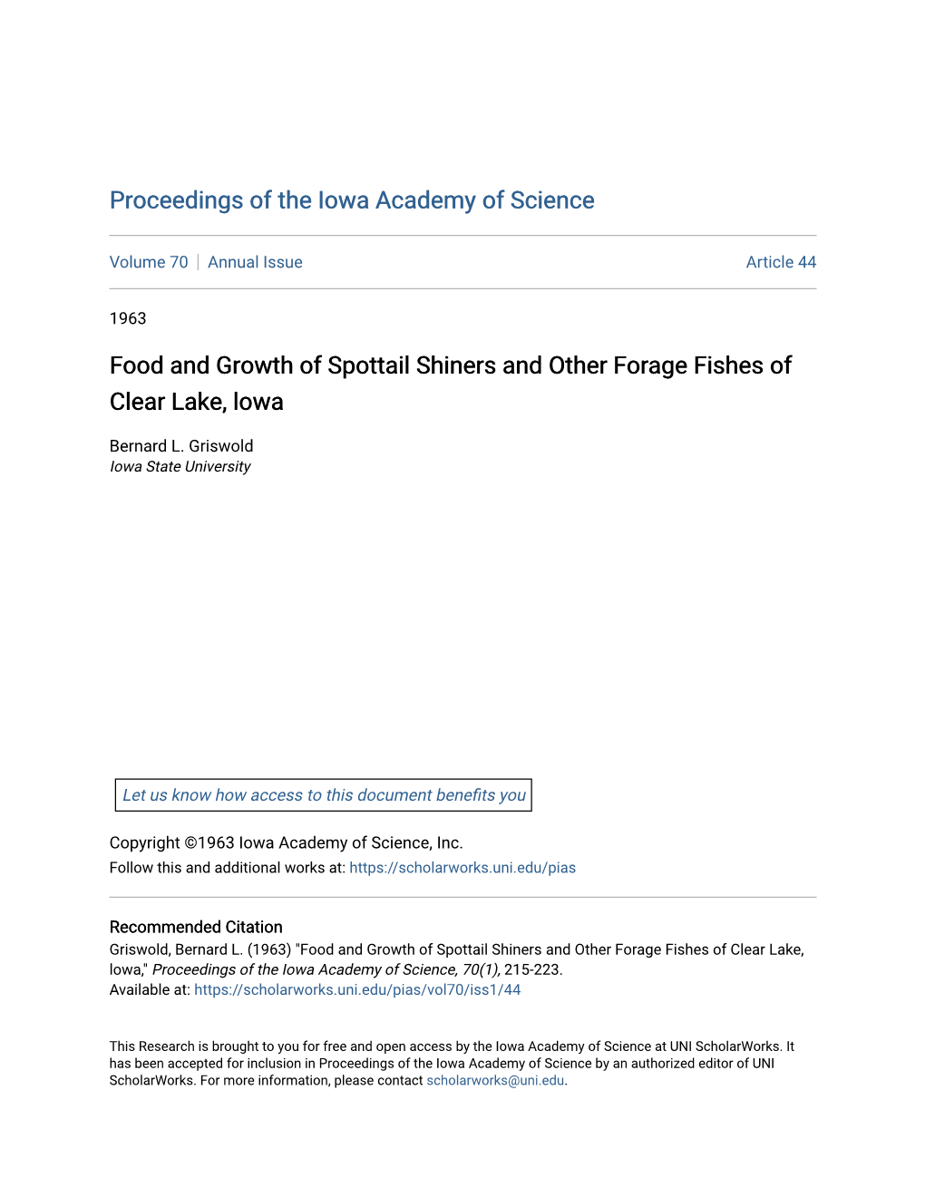 Food and Growth of Spottail Shiners and Other Forage Fishes of Clear Lake, Lowa
