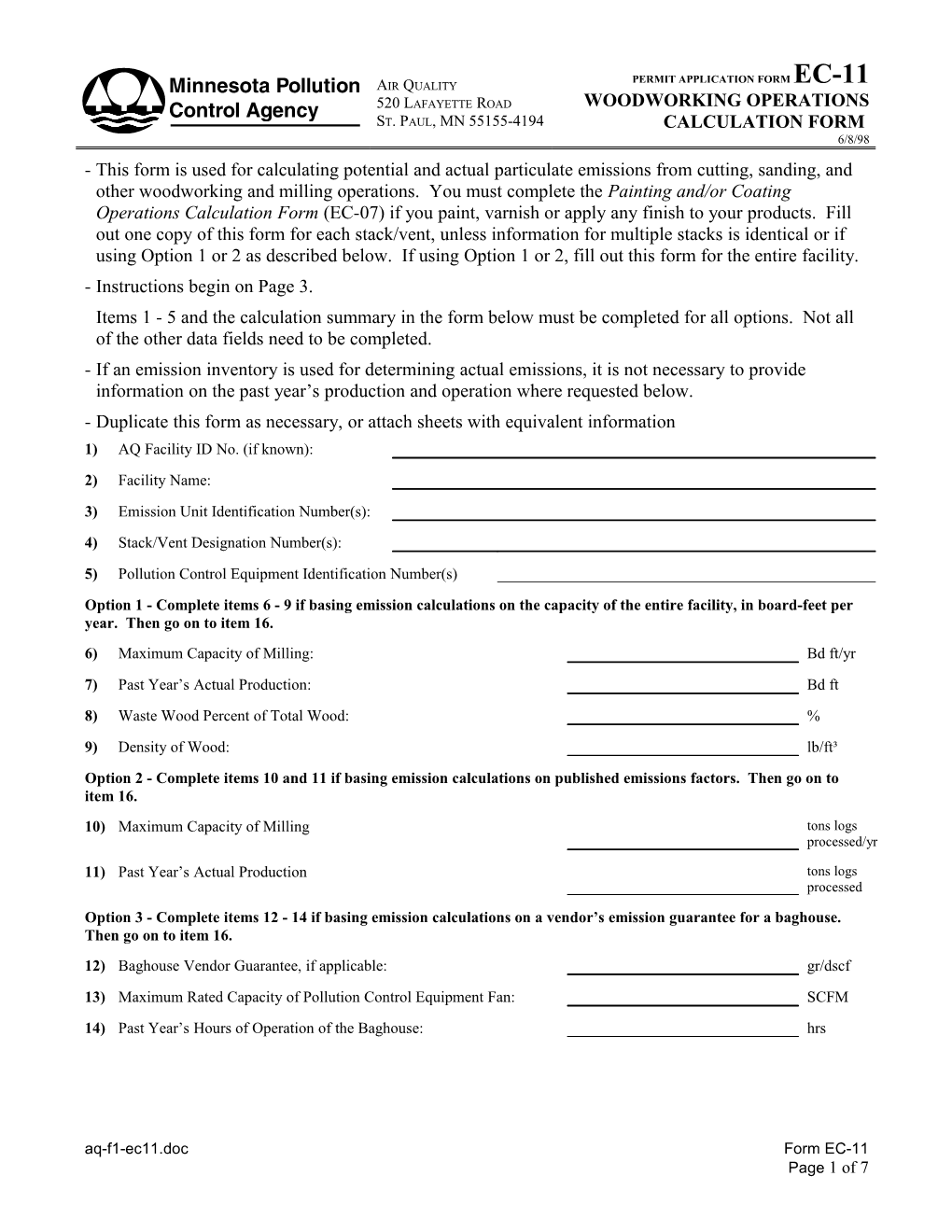 Option 1 - Complete Items 6 - 9 If Basing Emission Calculations on the Capacity of The