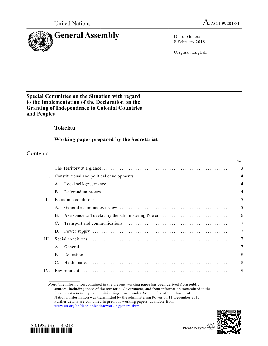 General Assembly Distr.: General 8 February 2018