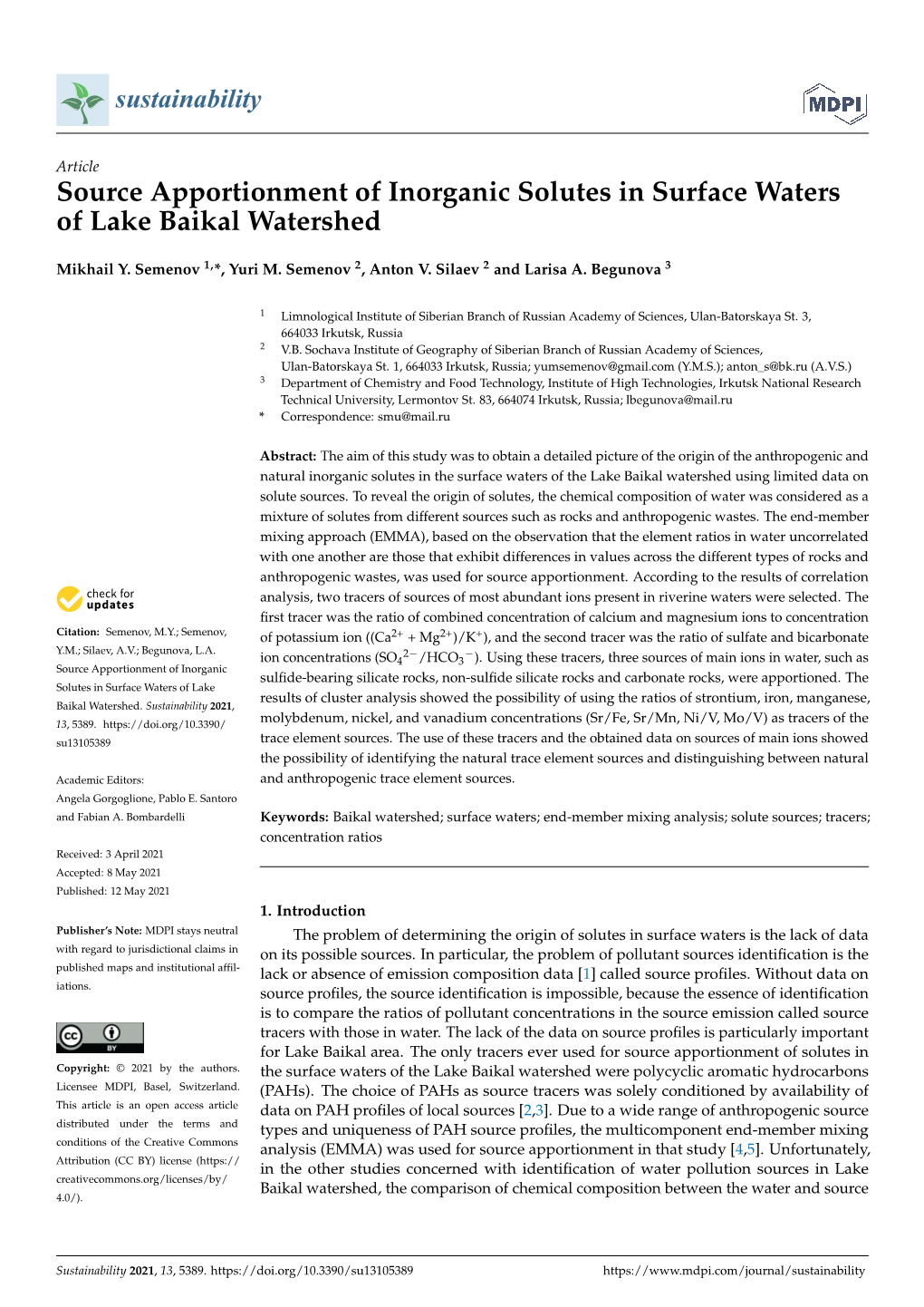 Source Apportionment of Inorganic Solutes in Surface Waters of Lake Baikal Watershed