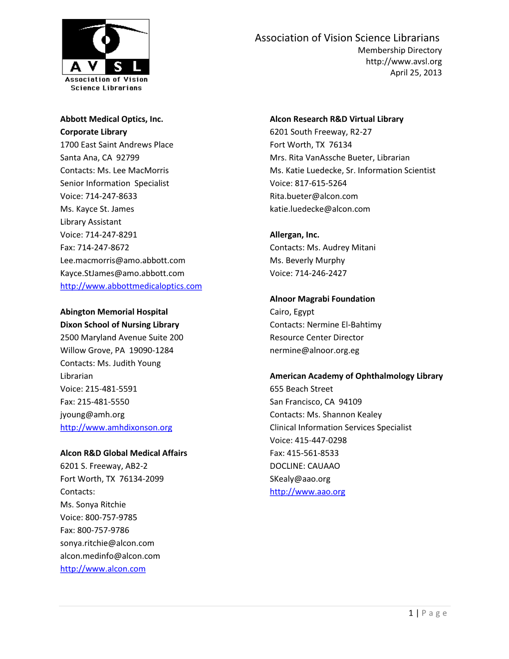 Association of Vision Science Librarians Membership Directory April 25, 2013