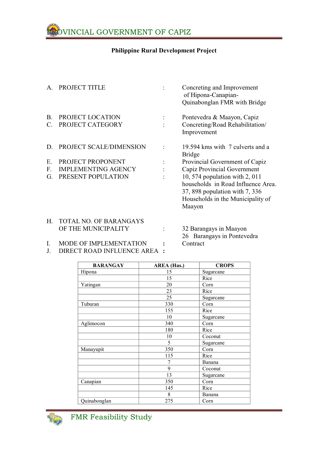 PROVINCIAL GOVERNMENT of CAPIZ FMR Feasibility Study