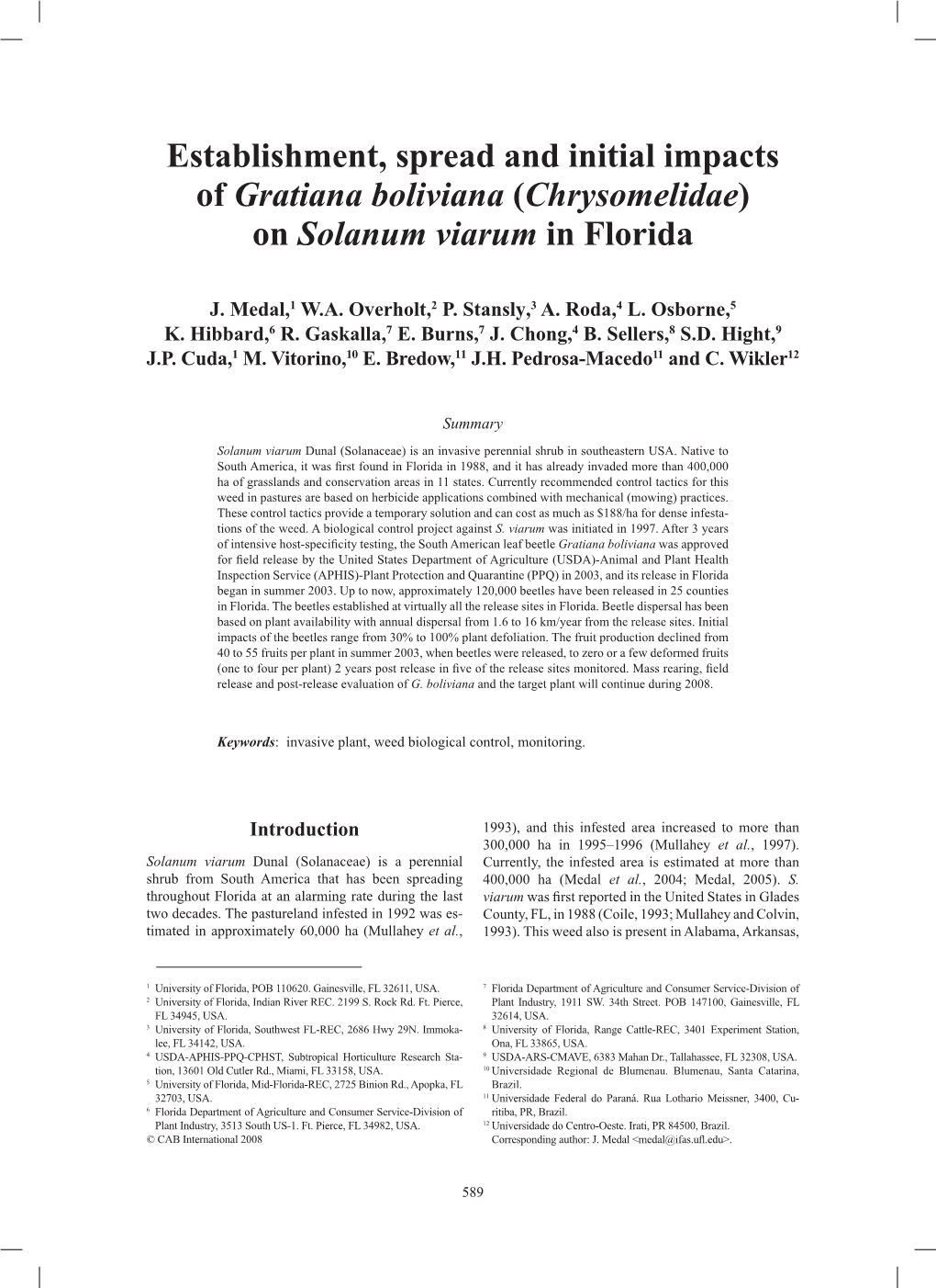 Establishment, Spread and Initial Impacts of Gratiana Boliviana (Chrysomelidae) on Solanum Viarum in Florida