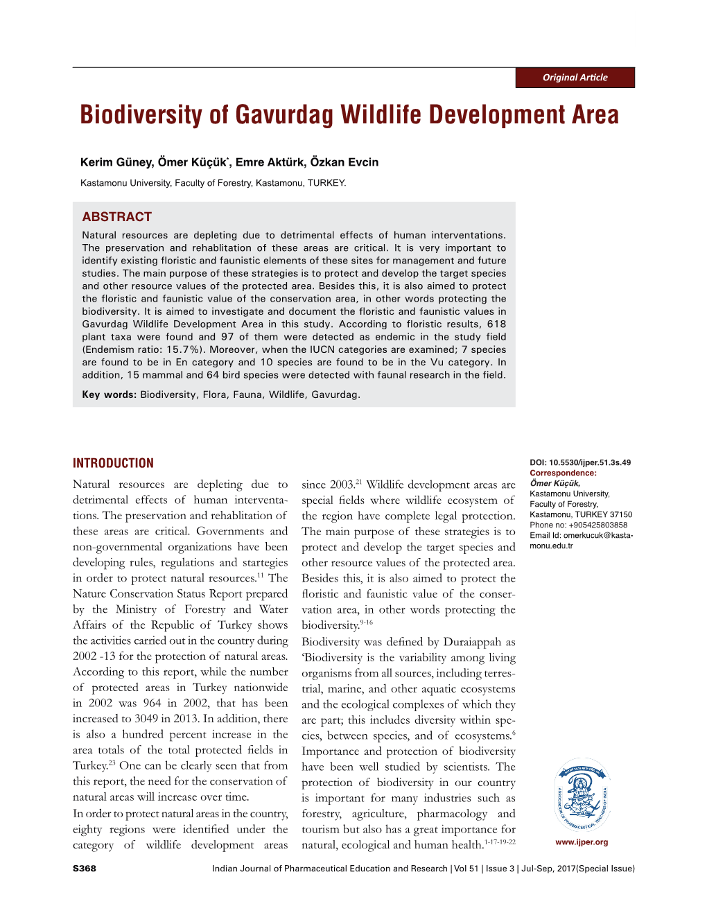 Biodiversity of Gavurdag Wildlife Development Area