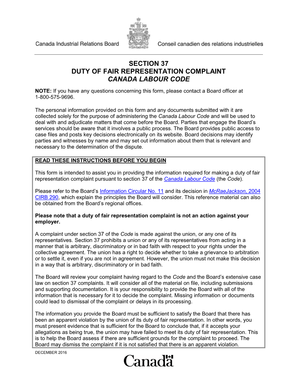 Section 37 Duty of Fair Representation Complaint Canada Labour Code