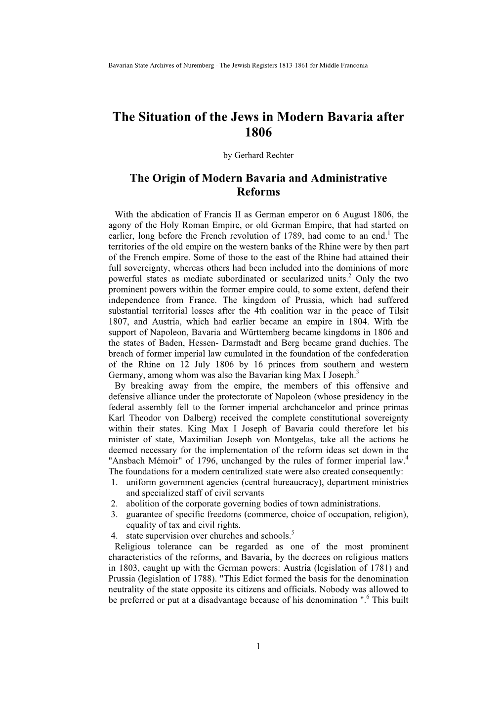 The Situation of the Jews in Modern Bavaria After 1806