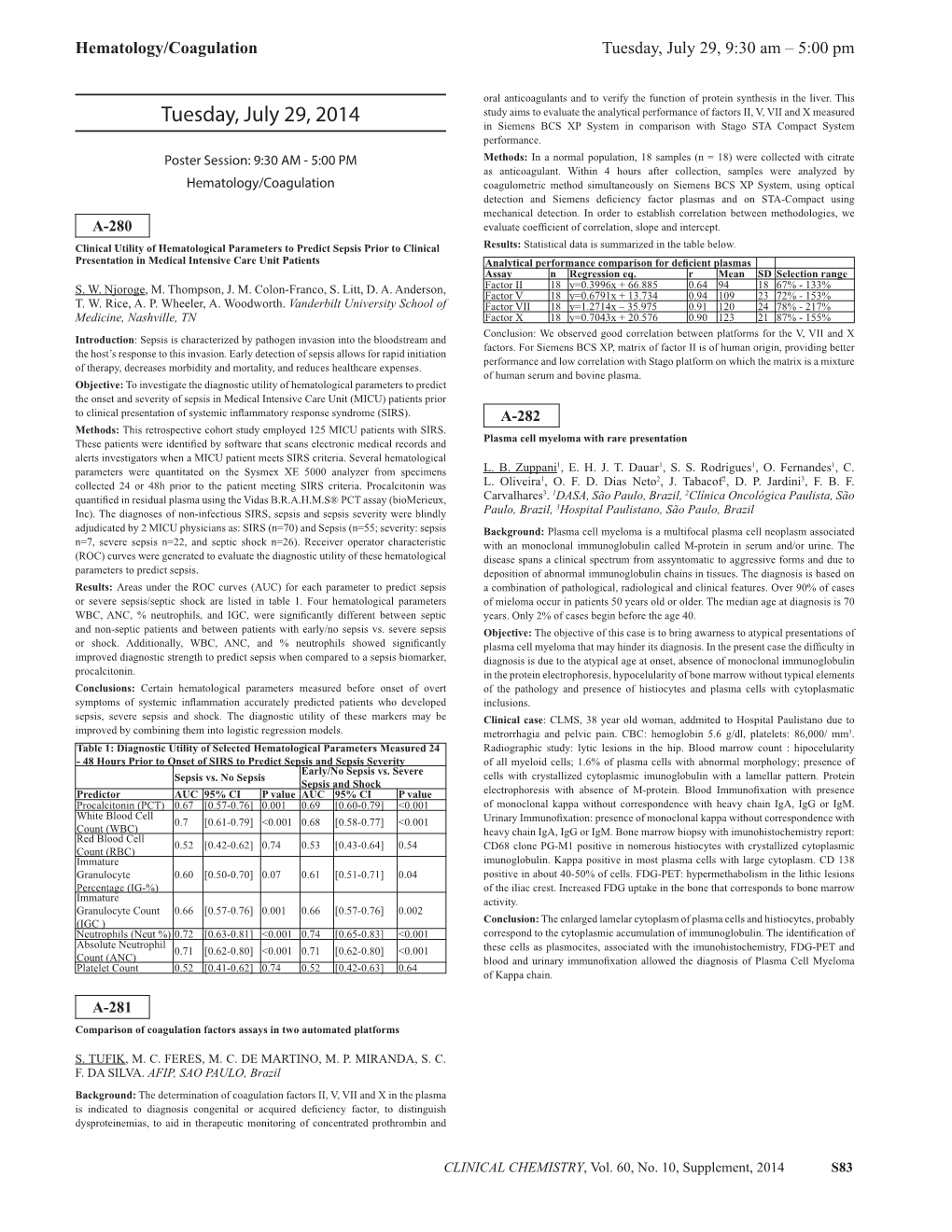 Hematology/Coagulation Tuesday, July 29, 9:30 Am – 5:00 Pm