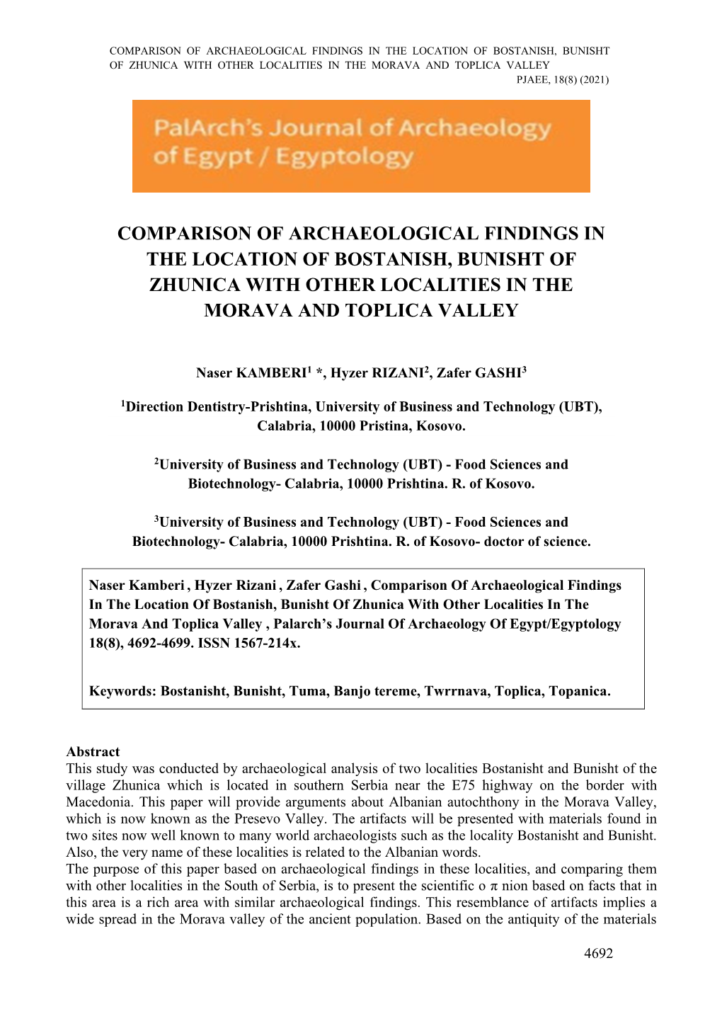 Comparison of Archaeological Findings in the Location of Bostanish, Bunisht of Zhunica with Other Localities in the Morava and Toplica Valley Pjaee, 18(8) (2021)