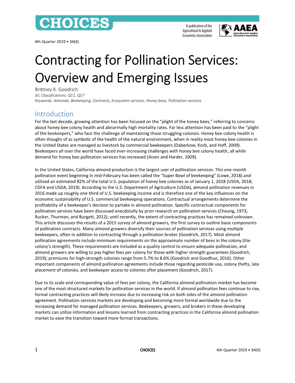Contracting for Pollination Services: Overview and Emerging Issues Brittney K