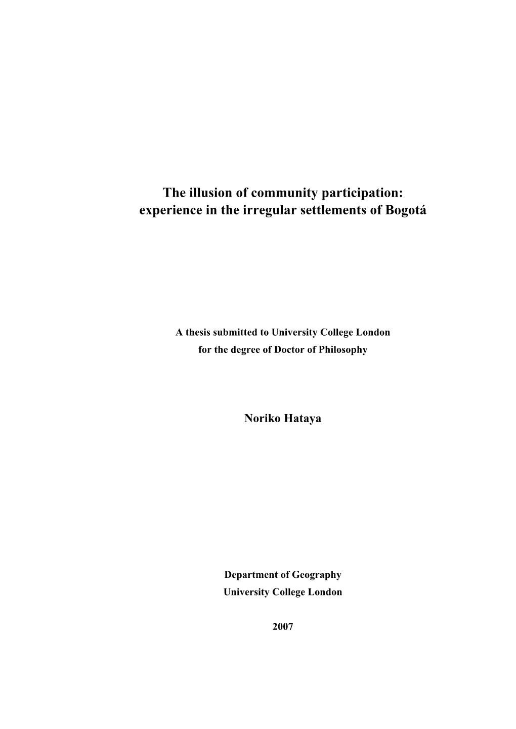 The Illusion of Community Participation: Experience in the Irregular Settlements of Bogotá