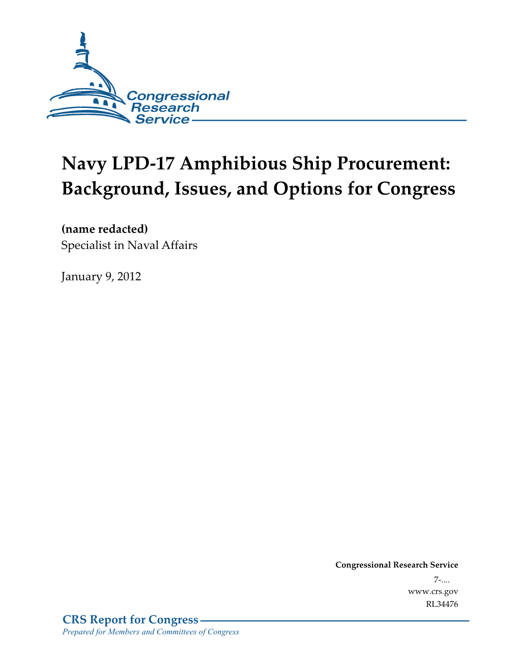 Navy LPD-17 Amphibious Ship Procurement: Background, Issues, and Options for Congress