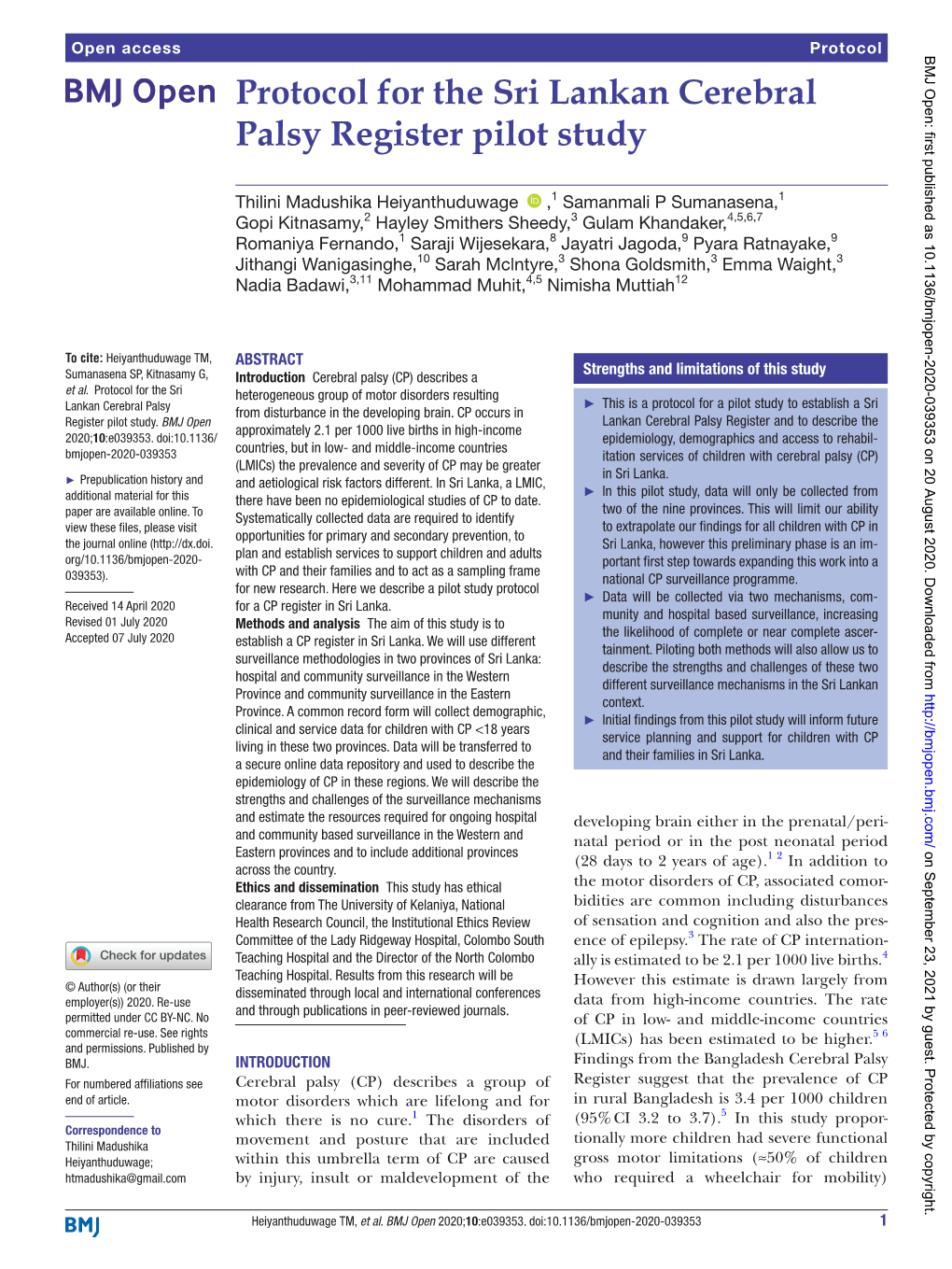 Protocol for the Sri Lankan Cerebral Palsy Register Pilot Study