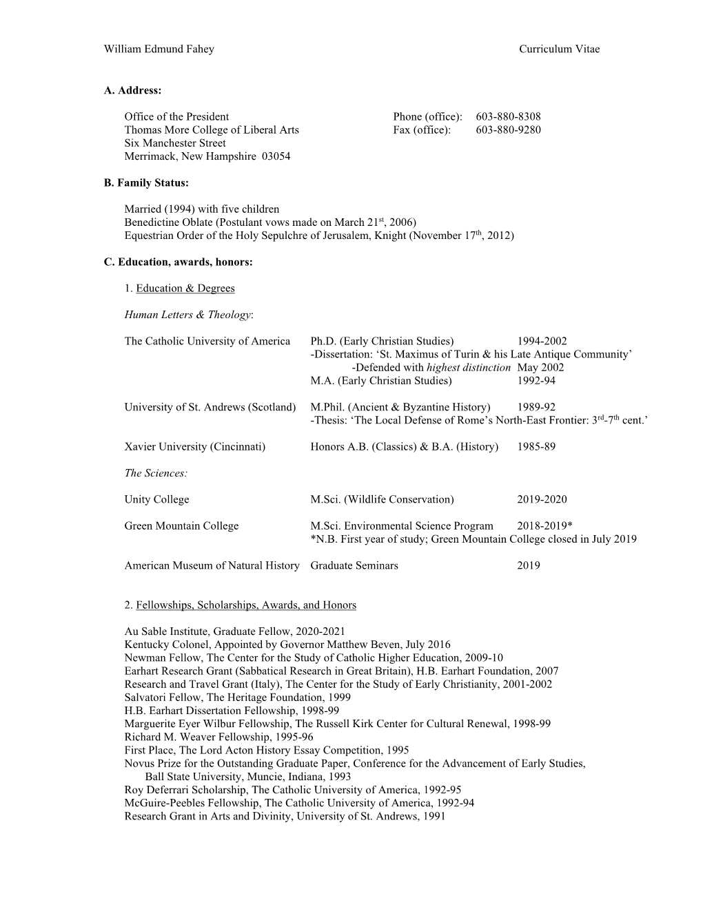 View William Edmund Fahey's CV