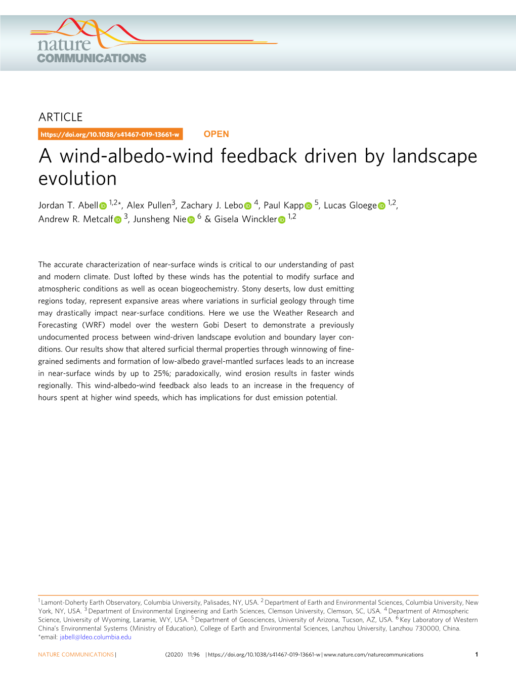 A Wind-Albedo-Wind Feedback Driven by Landscape Evolution