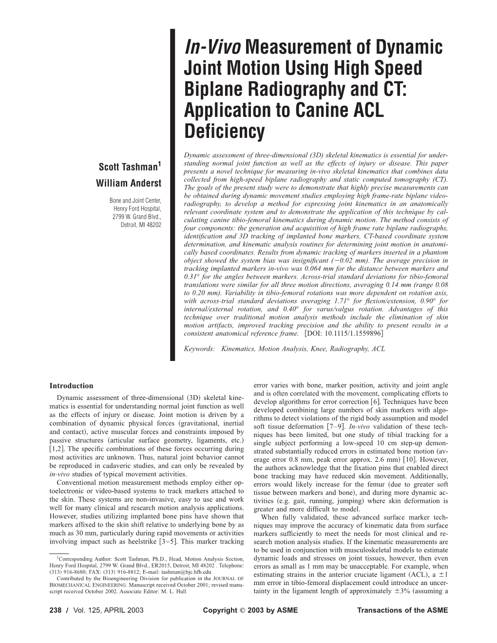 In-Vivo Measurement of Dynamic Joint Motion Using High Speed Biplane Radiography and CT: Application to Canine ACL Deficiency