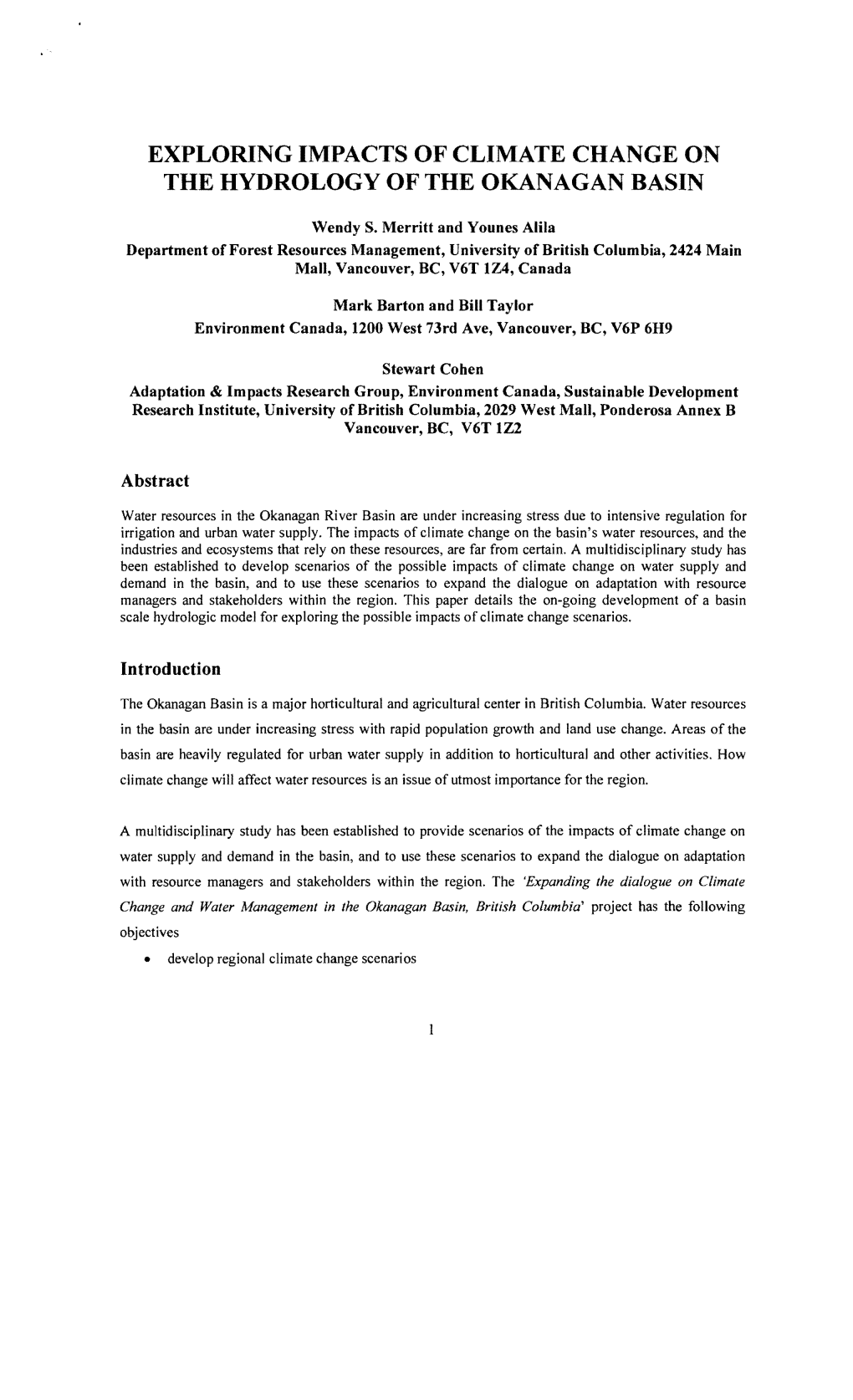 Exploring Impacts of Climate Change on the Hydrology of the Okanagan Basin