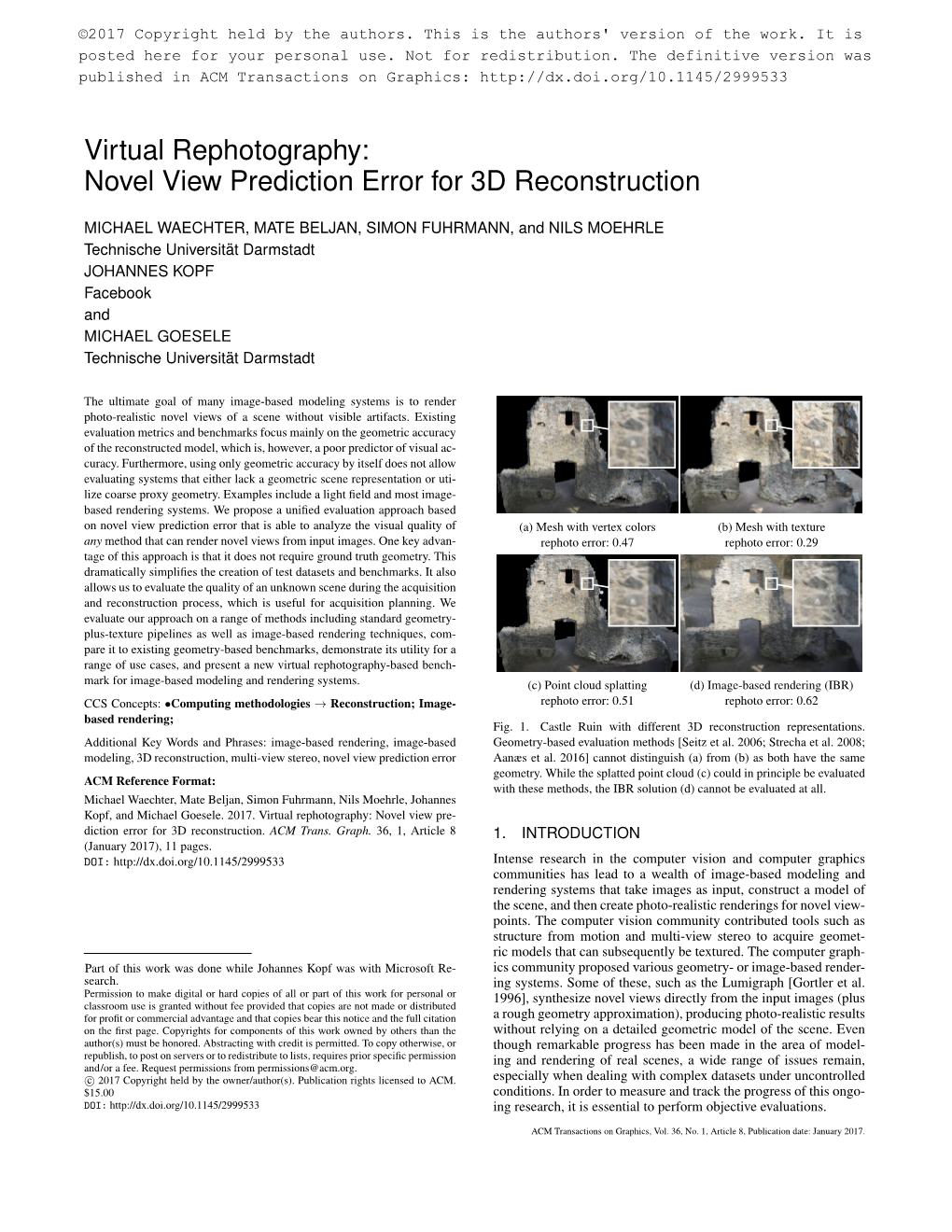 Virtual Rephotography: Novel View Prediction Error for 3D Reconstruction
