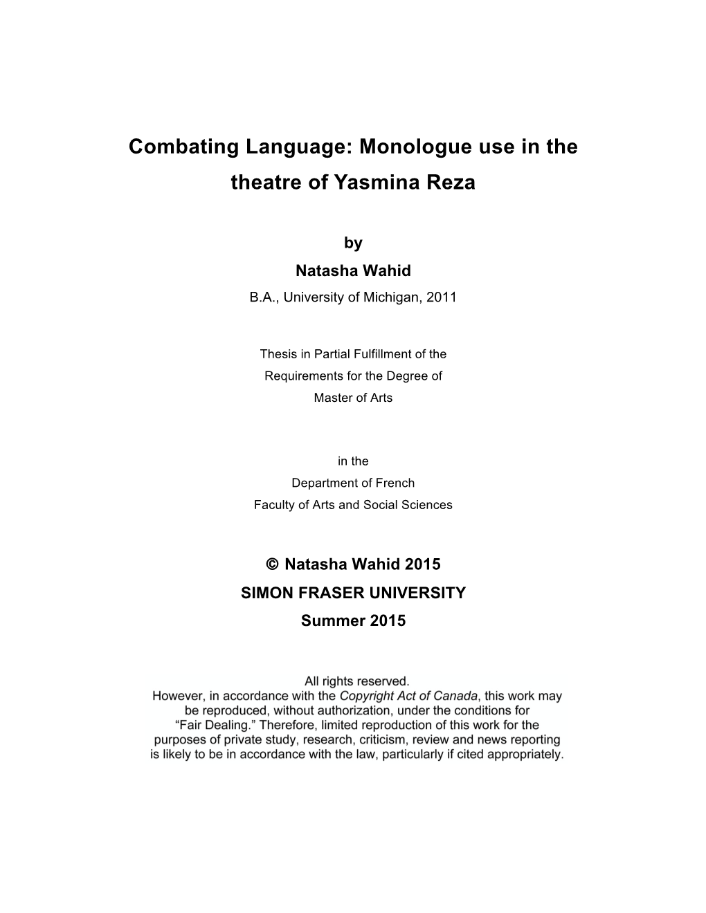 Combating Language: Monologue Use in the Theatre of Yasmina Reza