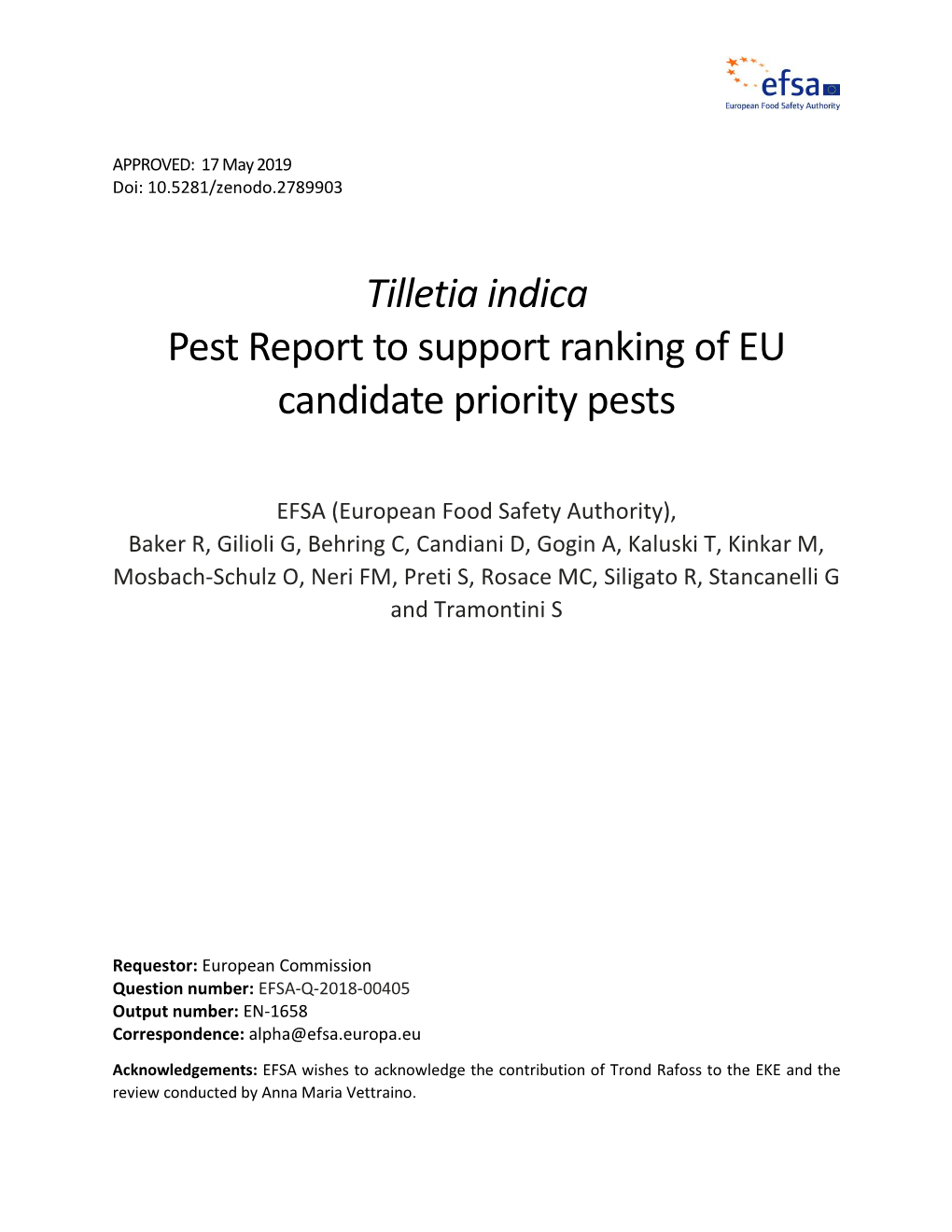 Tilletia Indica Pest Report to Support Ranking of EU Candidate Priority Pests