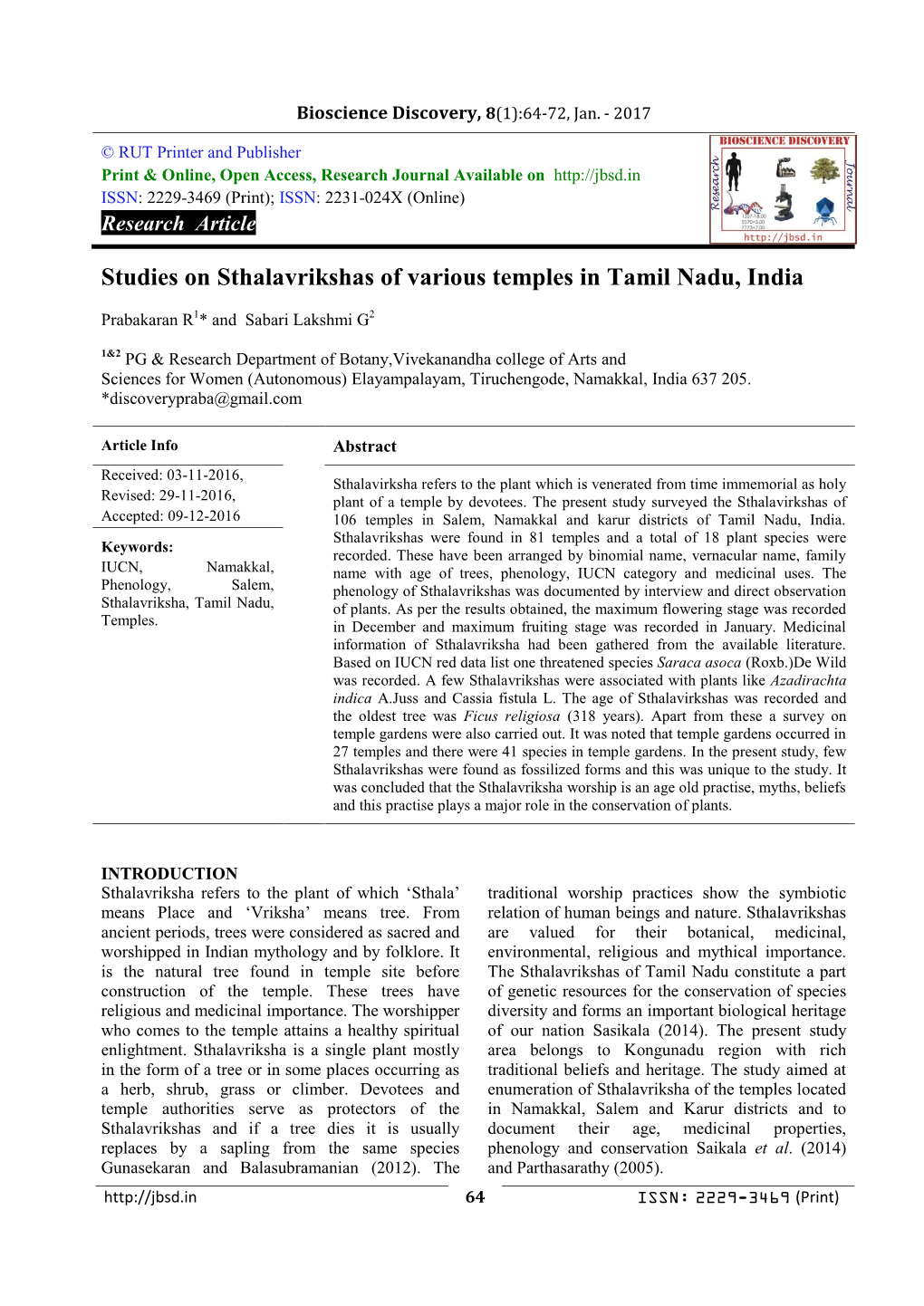 Studies on Sthalavrikshas of Various Temples in Tamil Nadu, India