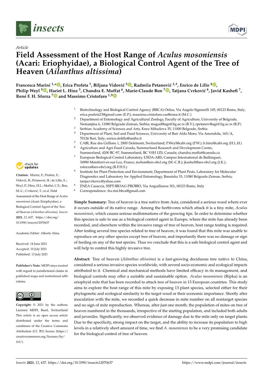 Field Assessment of the Host Range of Aculus Mosoniensis (Acari: Eriophyidae), a Biological Control Agent of the Tree of Heaven (Ailanthus Altissima)