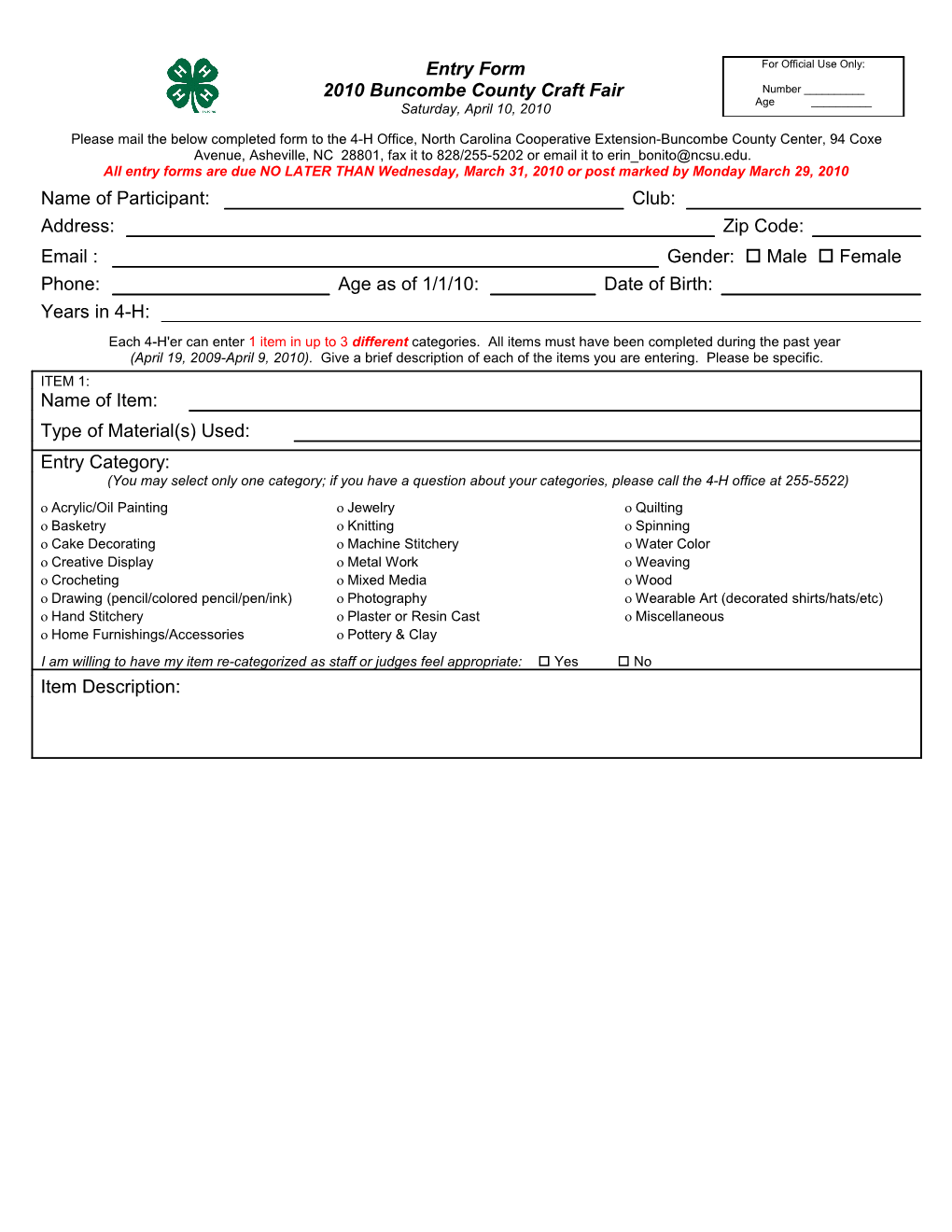 Please Mail the Below Completed Form to the 4-H Office, North Carolina Cooperative