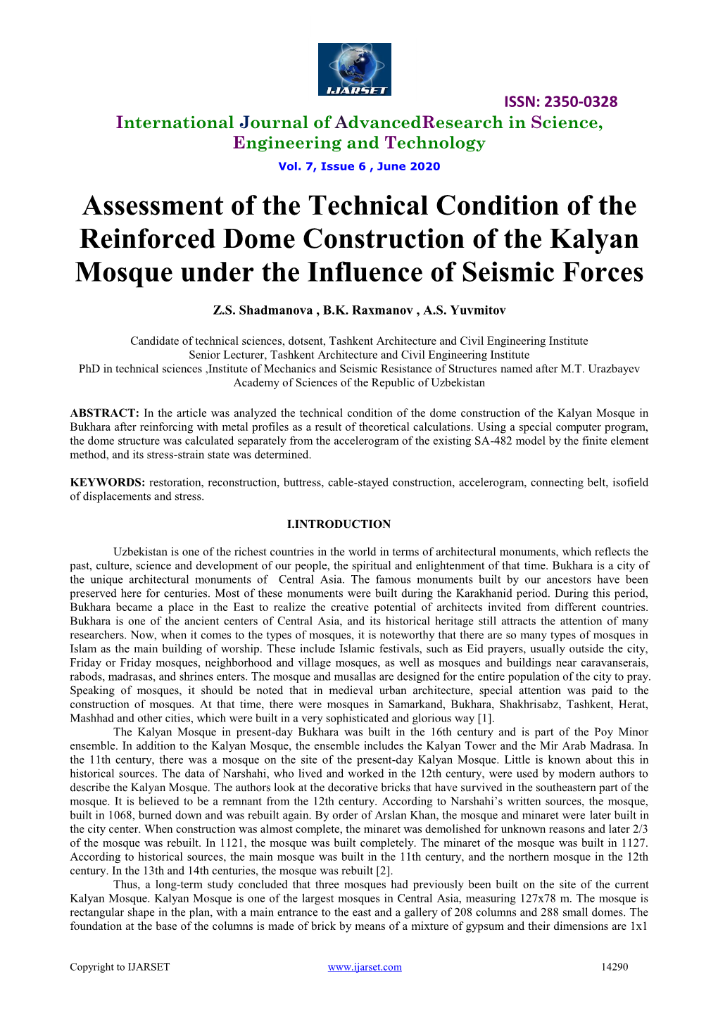 Assessment of the Technical Condition of the Reinforced Dome Construction of the Kalyan Mosque Under the Influence of Seismic Forces
