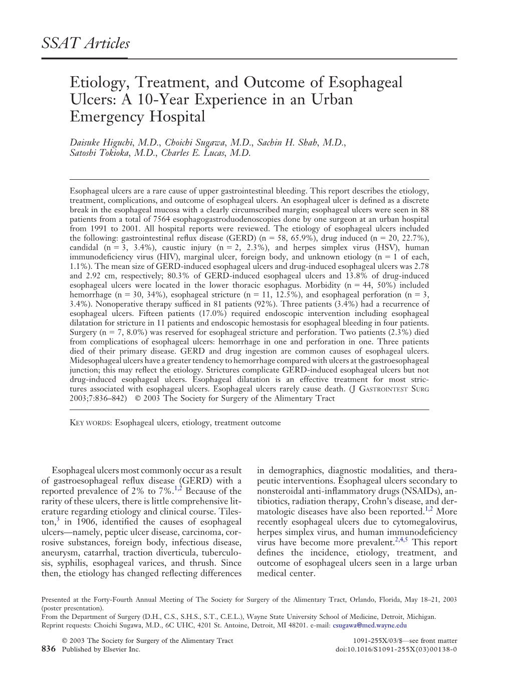 SSAT Articles Etiology, Treatment, and Outcome of Esophageal Ulcers: a 10-Year Experience in an Urban Emergency Hospital
