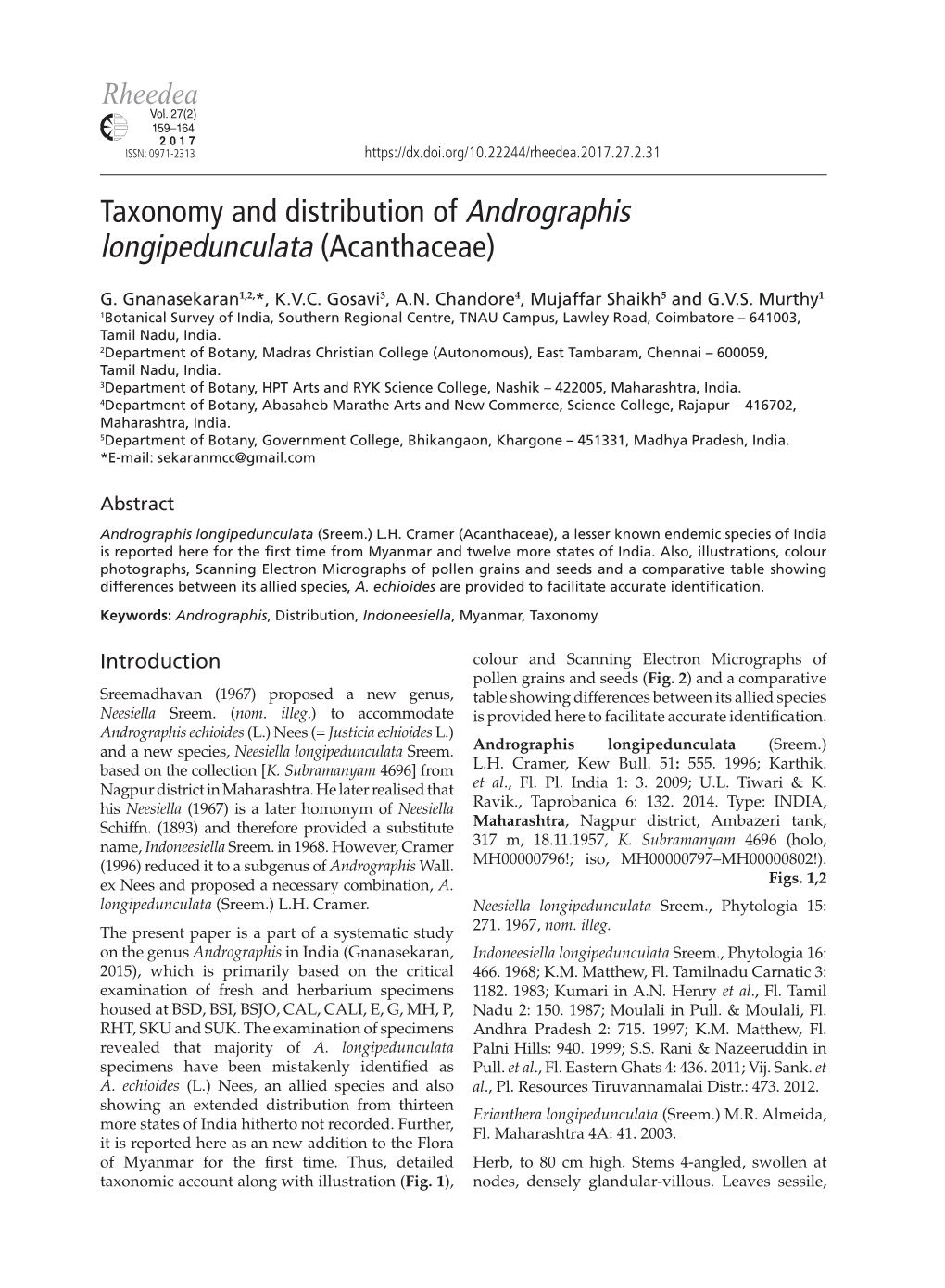 Taxonomy and Distribution of Andrographis Longipedunculata (Acanthaceae)