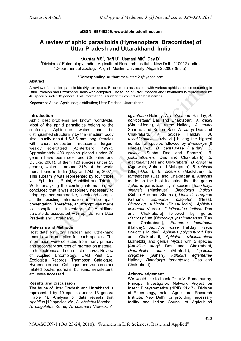 A Review of Aphid Parasitoids (Hymenoptera: Braconidae) of Uttar Pradesh and Uttarakhand, India