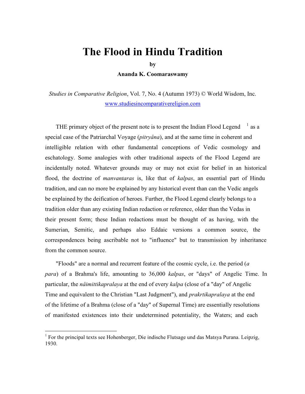 The Flood in Hindu Tradition by Ananda K