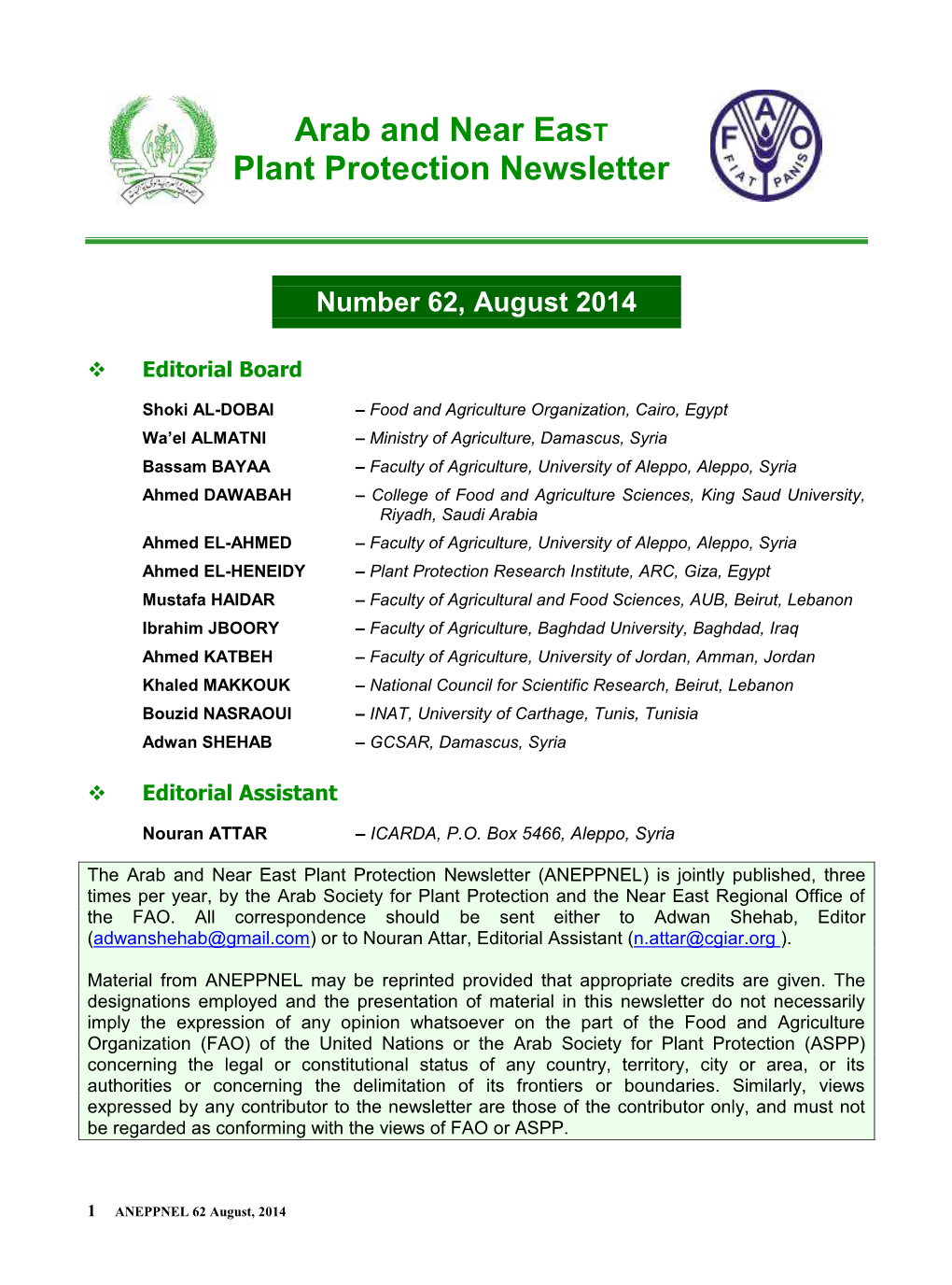 Arab and Near East Plant Protection Newsletter