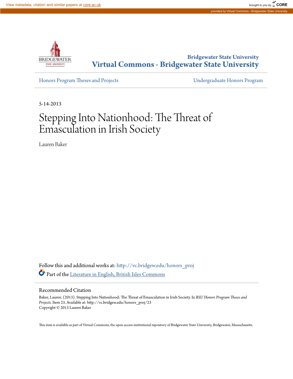 Stepping Into Nationhood: the Threat of Emasculation in Irish Society Lauren Baker